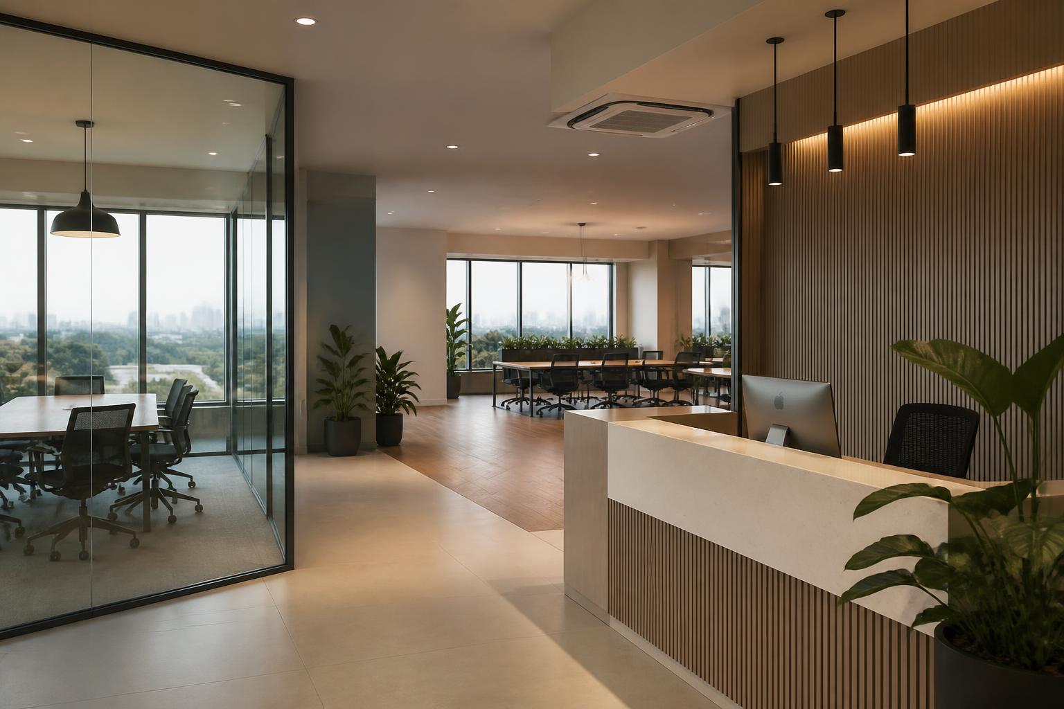 Espace de bureaux professionnels modernes à Abidjan avec accueil et salle de réunion