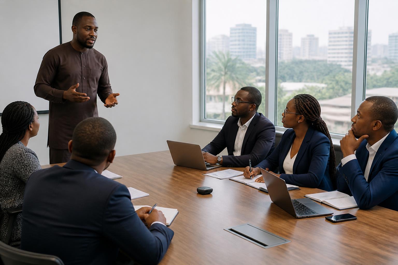 Session de formation professionnelle animée dans une salle de réunion à Abidjan